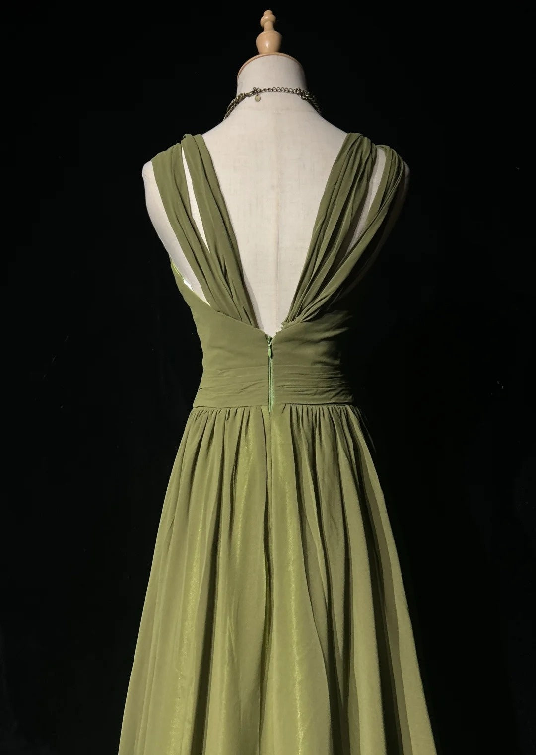 Vintage Prom Dresses A line V Neck Olive Green With Ruffle Chiffon Floor Length 80s Formal Gown N2586