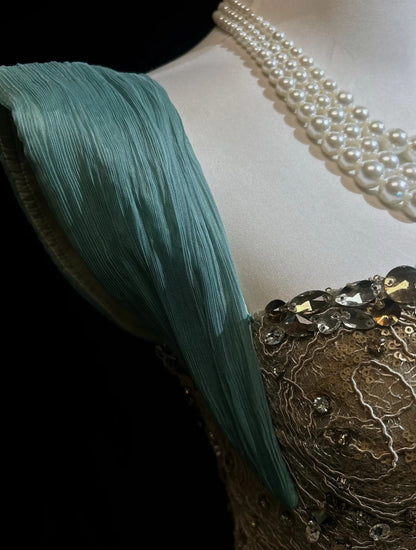 Robes de bal vintage sirène bustier avec dentelle plissée perles longue robe de soirée N2462
