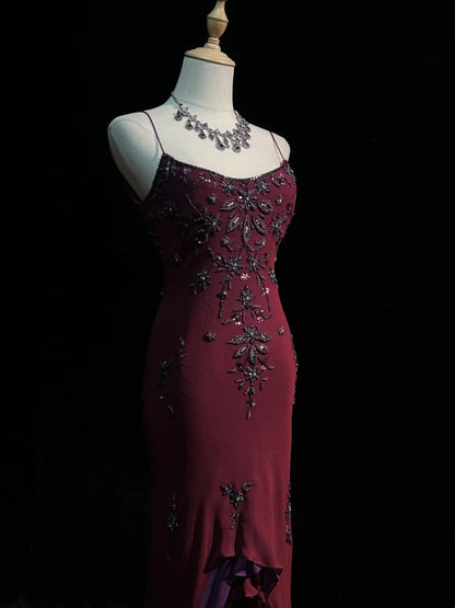 Robes de bal uniques, coupe asymétrique, bretelles fines, bordeaux, sans manches, avec perles, robe de soirée semi-formelle N3794