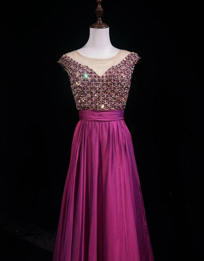 Robes de bal vintage Trapèze Col Bateau Fushia Chiffon Avec Perles Années 80 Longues Tenues de Soirée Formelles N3880