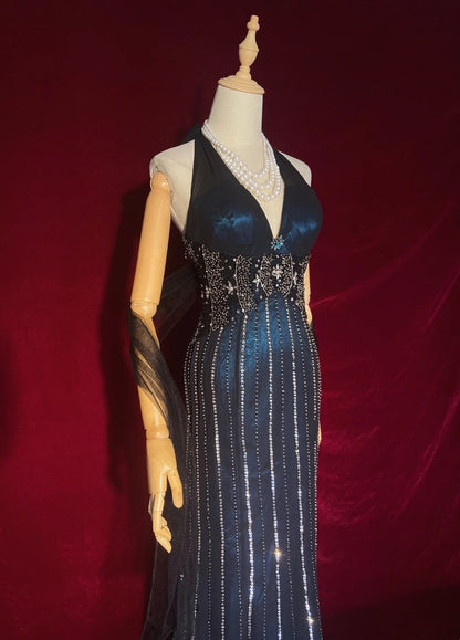Funkelnde Abschlussballkleider Inspo Meerjungfrau 90er Neckholder Dunkelmarineblau mit Perlen für Damen Ballkleid N3273