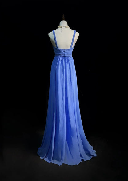 Robes de bal vintage en mousseline bleue avec bretelles spaghetti, coupe trapèze, perlées, longue robe de soirée N2446