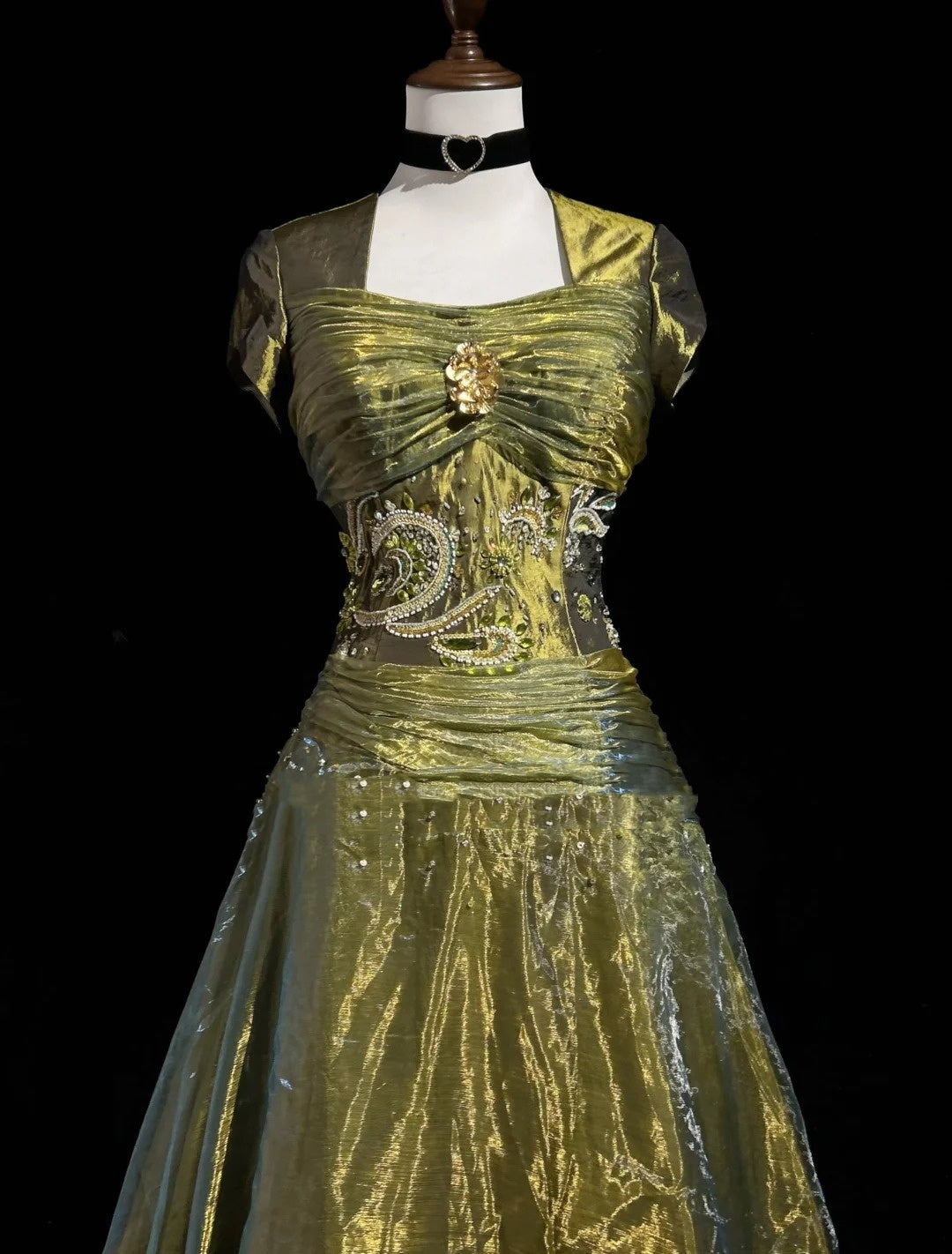 Vintage Abschlussballkleider Ballkleid Quadratischer Ausschnitt Olivgrün 80er Jahre Mit Perlen Lang Formelle Abendgarderobe N3873
