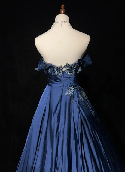 Robes de bal vintage pour le bal, bustier, en satin bleu marine avec applications, robe de soirée longue des années 90, N2658