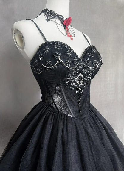 Hübsches Ballkleid Spaghettiträger Kleines Schwarzes Tüll Kurzes Mini-Heimkehrkleid N2521
