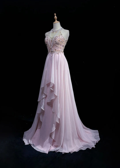 Robes Vintage Esthétique Bal de Promo Trapèze Bijoux Perles Rose Chiffon avec Perles Longue Robe de Soirée N3033