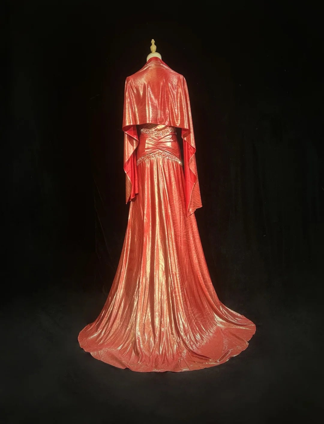 Élégante Robe de soirée longue corail à bretelles, coupe trapèze, perlée, plissée, sans manches, avec cape, Robes de bal N2448
