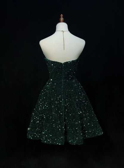 Robe de bal vintage en cœur vert foncé à sequins Y2K Années 2000 Mini robes de retour à la maison N3108