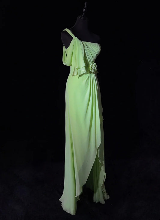 Wunderschöne Abschlussballkleider A-Linie One-Shoulder Chiffon Grün Mit Rüschen Lange Abendkleider N3383