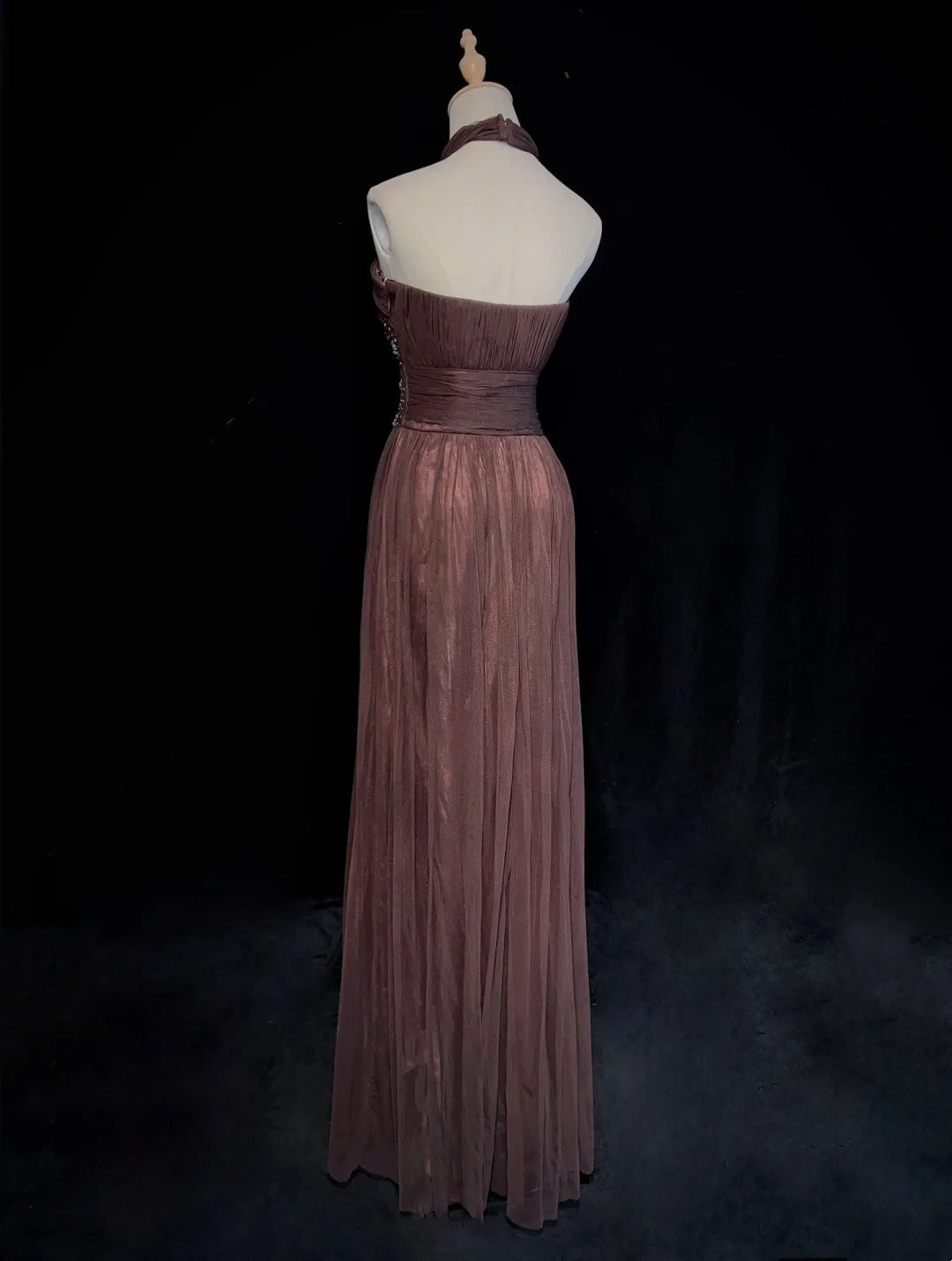 Vintage Abschlussballkleider Inspo A-Linie Neckholder Schokoladenfarbener Chiffon Lang 1990er Mit Perlen Abendkleider N3339