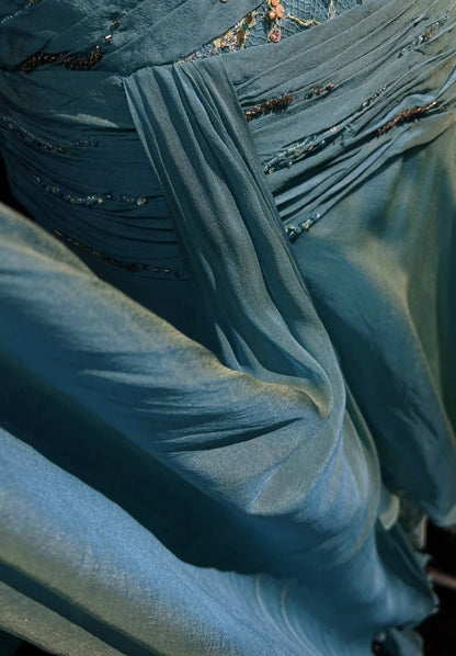 Robes de bal vintage coupe trapèze années 2000 à fines bretelles en mousseline bleue avec perles dentelle longue robe de soirée N2459