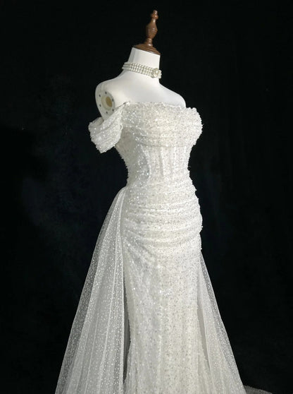 Robes de mariée uniques sirène, épaules dénudées, paillettes avec volants, longue robe de mariée blanche N3619