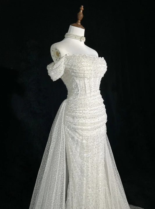 Unique Wedding Dresses Mermaid Off The Shoulder Sequin With Ruffled White Long Bridal Gown N3619