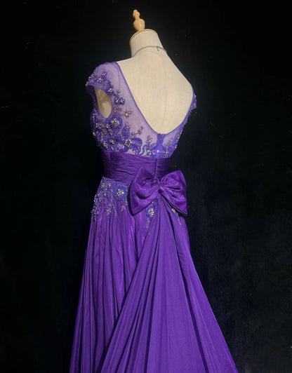 Vintage Prom-Kleider A-Linie U-Boot-Ausschnitt Lila Chiffon 80er mit Perlenstickerei Lange Formelle Abendgarderobe N3899