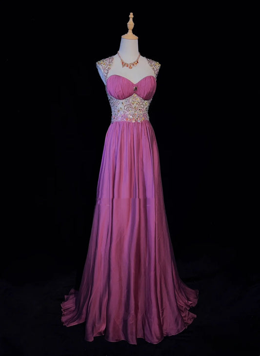 Wunderschöne Abschlussballkleider A-Linie Sweetheart Hot Pink mit Perlenbesetztem Oberteil Chiffon Lange Abendkleider N3349