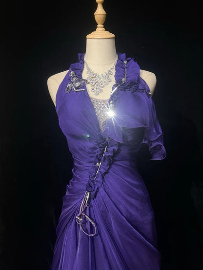 Vintage Abschlussballkleider Meerjungfrau V-Ausschnitt Lila Chiffon mit Rüschen Langem Abschlussballkleid N3110 im Stil der 1960er Jahre