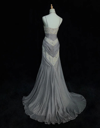 Vintage Ballkleider Inspo Meerjungfrau Spaghettiträger Grau Spitze 90er Jahre mit Spitze Pailletten Formelle Kleider N3348