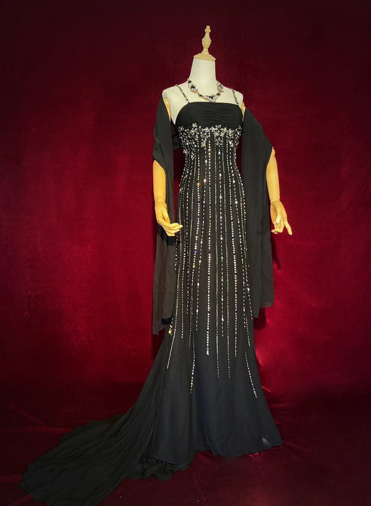 Vintage Prom Dresses 90s Mermaid Spaghetti Strap Black Tie With Silver Beading Long Semi Formal Evening Dress N3666