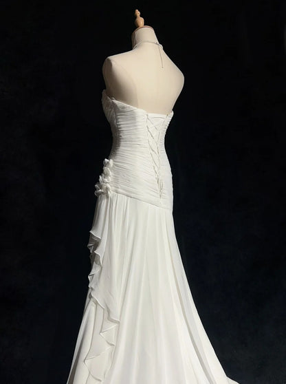 Vintage 90er Brautkleider Meerjungfrau Sweetheart Chiffon Weiß Perlenstickerei Sommergarten Langes Brautkleid N3827