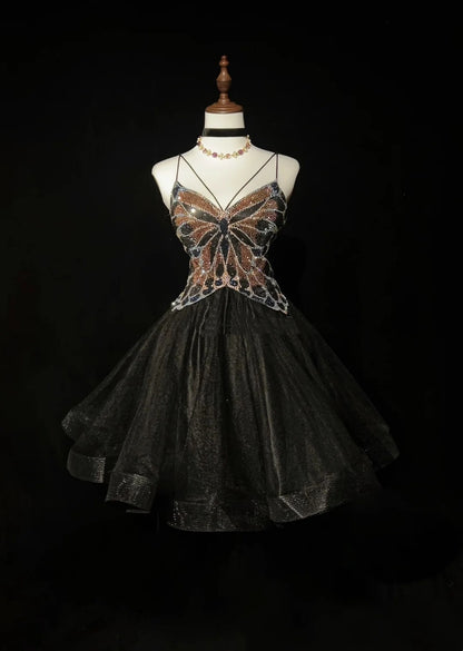 Jolie Robe de Bal Courte en Tulle Noir avec Bretelles Fines, Robes de Soirée de Retour à la Maison N2628