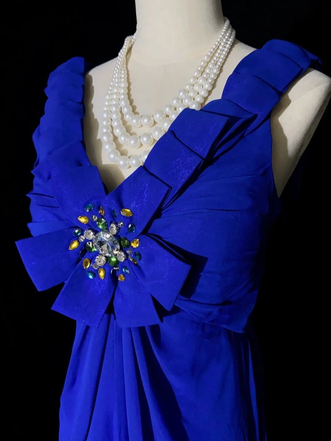 Vintage Abschlussballkleider Inspo A-Linie V-Ausschnitt Königsblau Chiffon Lang 1990er Mit Perlen Abendkleider N3352
