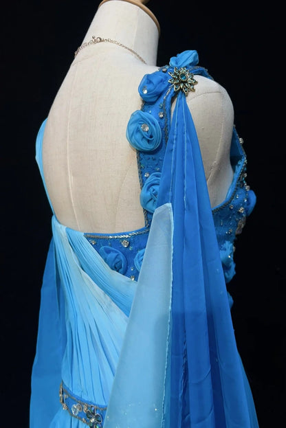 Inspiration Robes de bal Vintage Sirène Col V Bleu Royal Mousseline de Soie avec Fleurs Perles Années 80 Robe de Soirée Longue N2743
