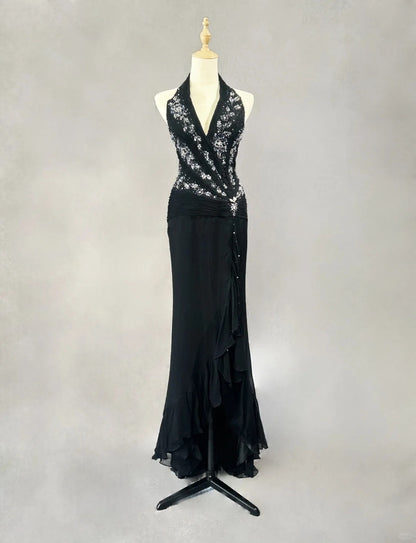 Bescheidene Abschlussballkleider Meerjungfrau Neckholder Schwarze Krawatte Chiffon mit Perlen Abendkleid N3858