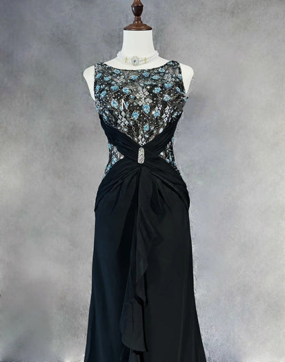 Belles robes de bal Robes sirène col rond robe de soirée mousseline de soie avec bustier perlé longues tenues de soirée N3364