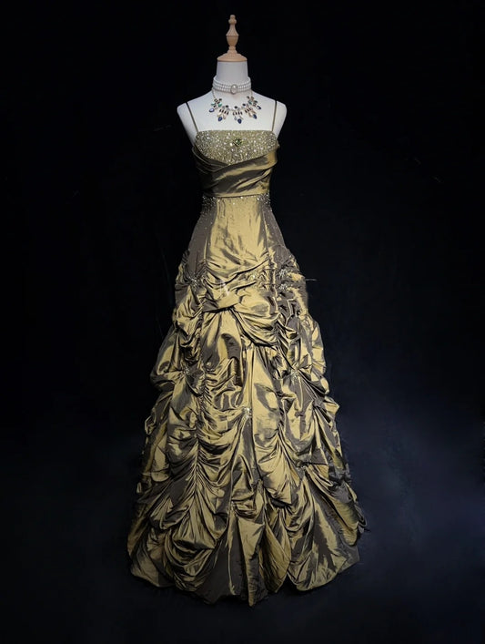 Vintage Prom Dresses Inspo Ball Gown Spaghetti Strap Olive Green With Beading For Women Formal Dress N3217
