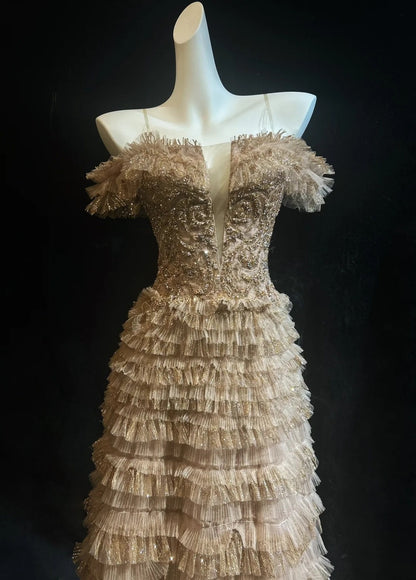 Robes de bal vintage Ligne A Bretelles fines Dentelle dorée Avec manches Robe de soirée formelle années 80 RB3268
