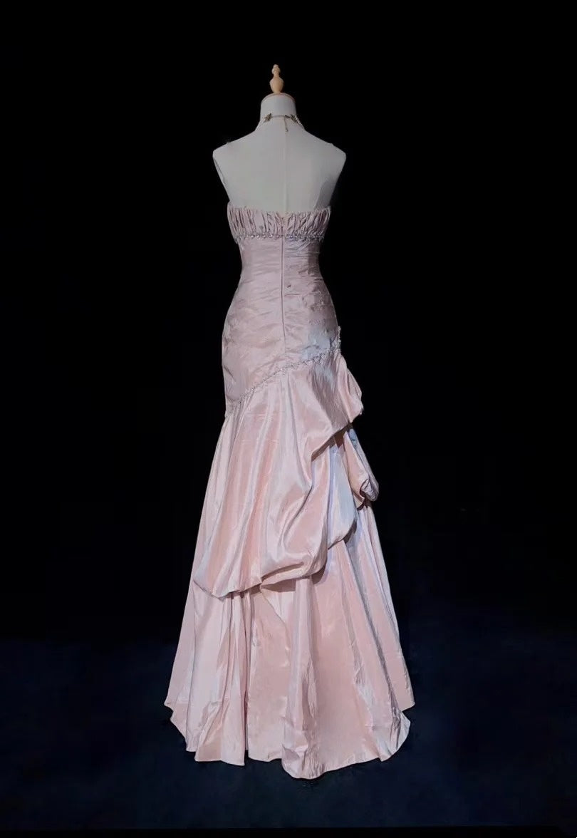 Robes de bal vintage sirène à fines bretelles en taffetas rose clair avec perles argentées années 50 longue robe de soirée N2597