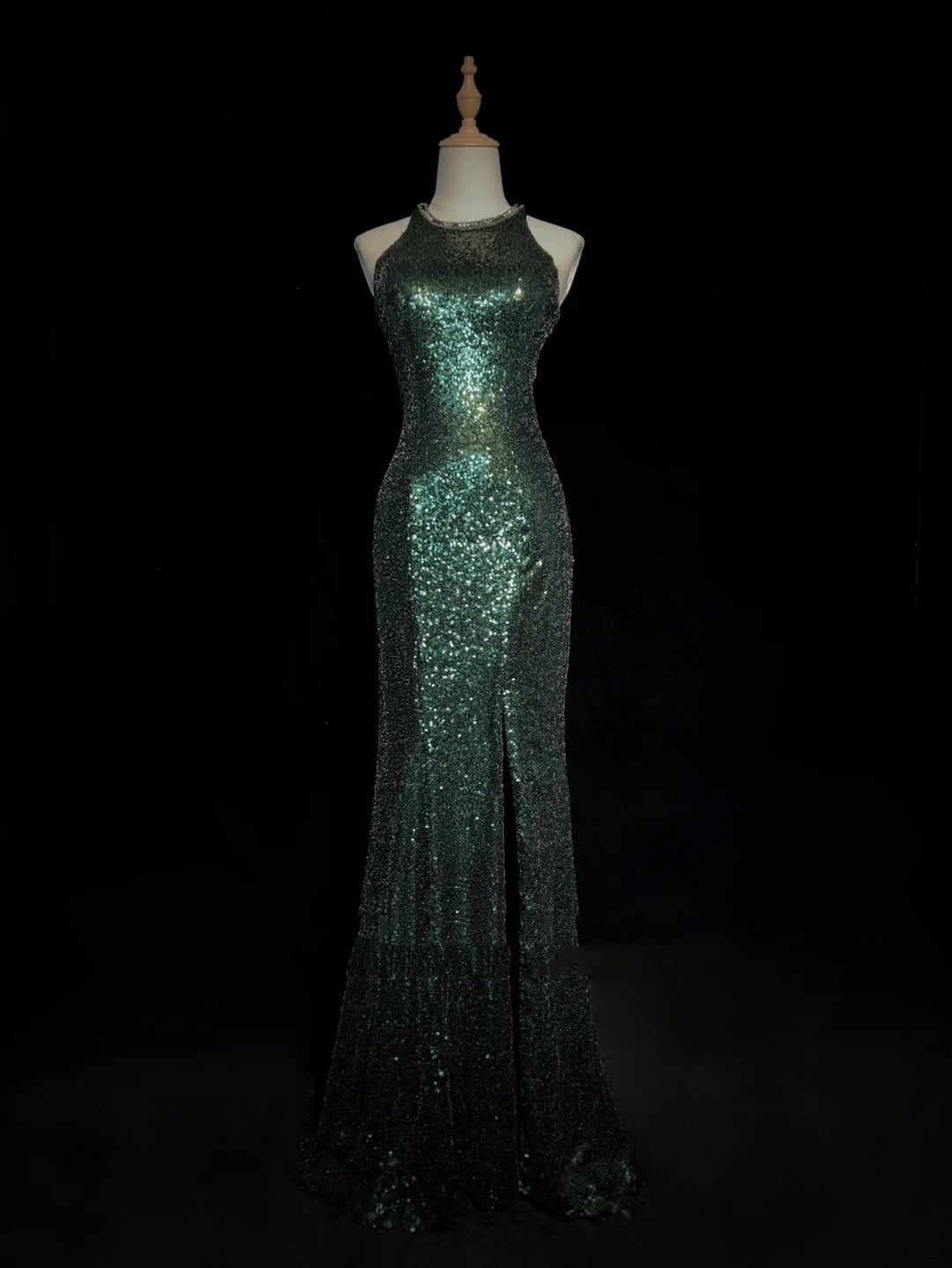 Glitzernde Abschlussballkleider Inspo Meerjungfrau 90er Rundhalsausschnitt Dunkelgrün mit Schlitz für Damen Abendkleid N3271
