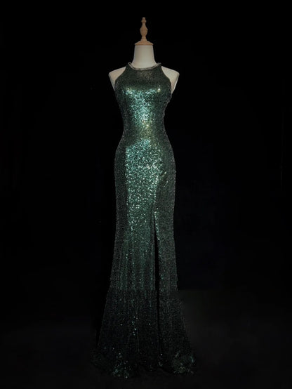 Glitzernde Abschlussballkleider Inspo Meerjungfrau 90er Rundhalsausschnitt Dunkelgrün mit Schlitz für Damen Abendkleid N3271