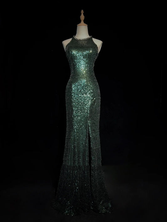 Sparkly Prom Dresses Inspo Mermaid 90s Jewel Neck Dark Green With Split For Women Formal Dress N3271