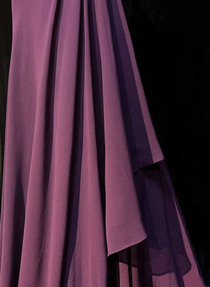 Elegante Ballkleider A-Linie Lila Chiffon Rüschen Bodenlang Formelle Abendoutfits N3488