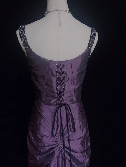 Robes de bal vintage des années 90 sirène bustier cœur en taffetas violet avec perles et volants longue robe de soirée semi-formelle N3670
