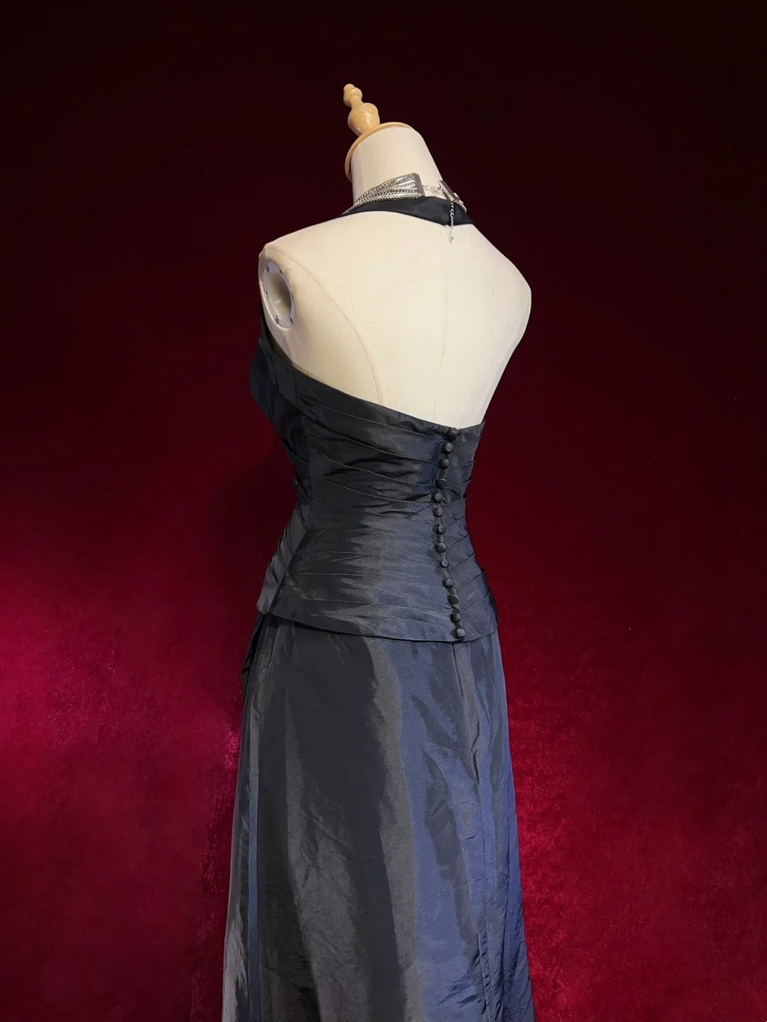 Classy Prom Dresses A line Halter Black Taffeta Black Tie Dress With Ruffle Long Formal Gown N2899