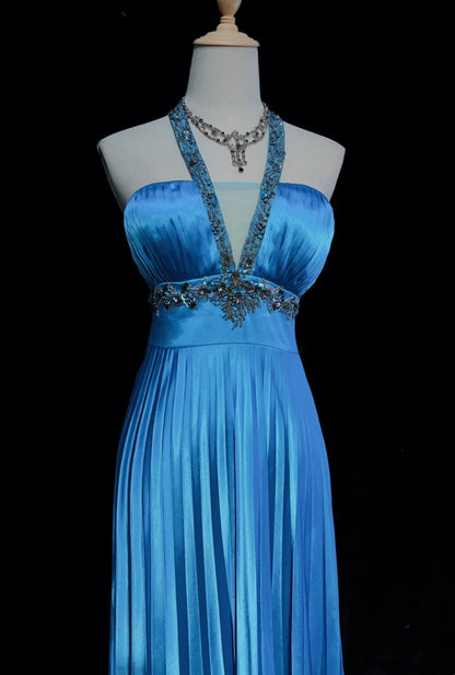 Robes de bal vintage en satin bleu avec perles, coupe trapèze, dos nu, mi-longues, style années 80, robe de soirée N2581