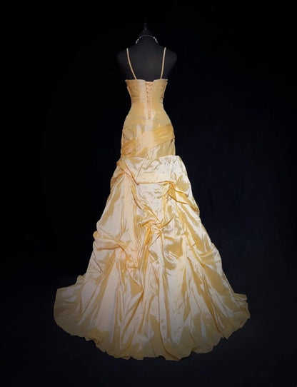Elegant Prom Dresses Ball Gown Spaghetti Strap Yellow Taffeta With Pleated Long Formal Gown N2918
