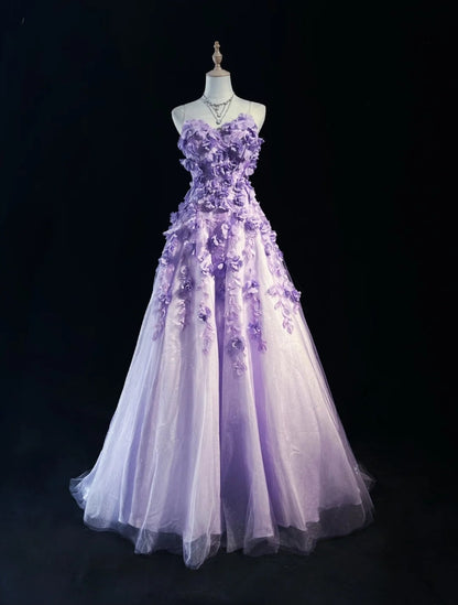Prinzessinnen-Ballkleider, schulterfrei, fliederfarben, mit 3D-Blumen, festliche Abendmode N3894