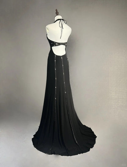 Robes de bal vintage Sirène Halter Petite robe noire avec volants Tenues de soirée longues N3446