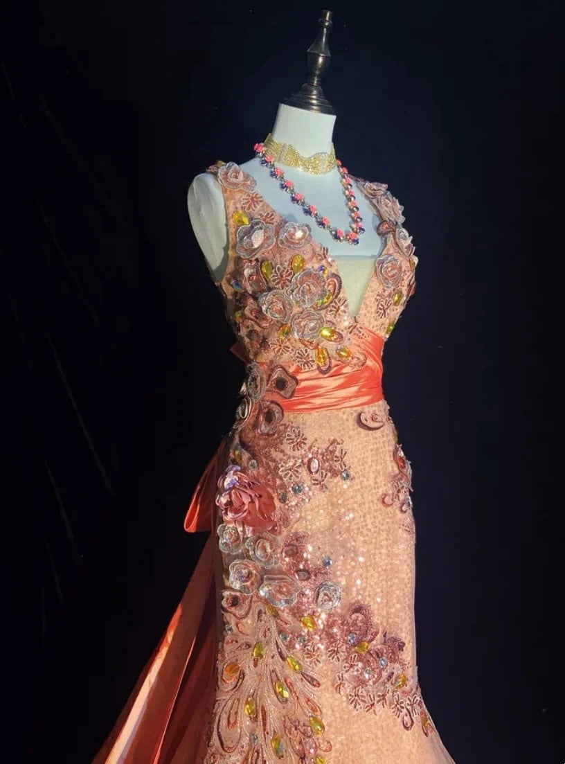 Robes de bal vintage sirène à bretelles rose clair pailleté dentelle avec fleurs longues tenues de soirée N3441