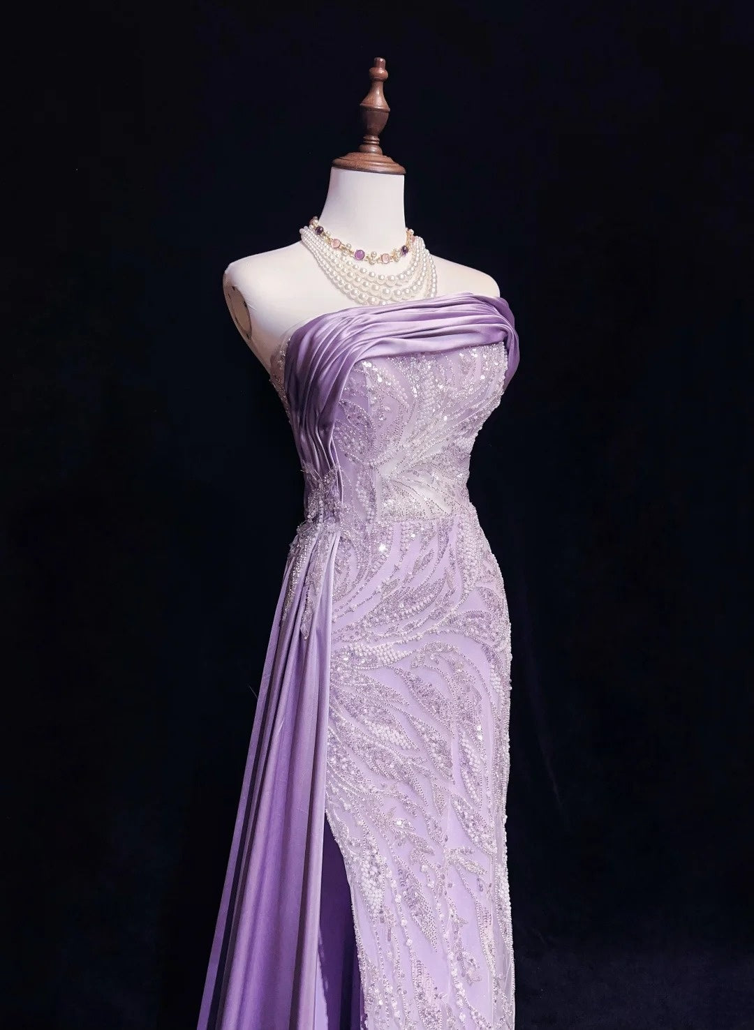 Vintage Ballkleider Inspo Meerjungfrau Trägerlos Lila Pailletten Mit Schlitz Perlen 80er Jahre Langes Abendkleid N2742