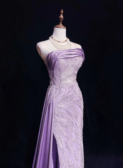 Vintage Ballkleider Inspo Meerjungfrau Trägerlos Lila Pailletten Mit Schlitz Perlen 80er Jahre Langes Abendkleid N2742