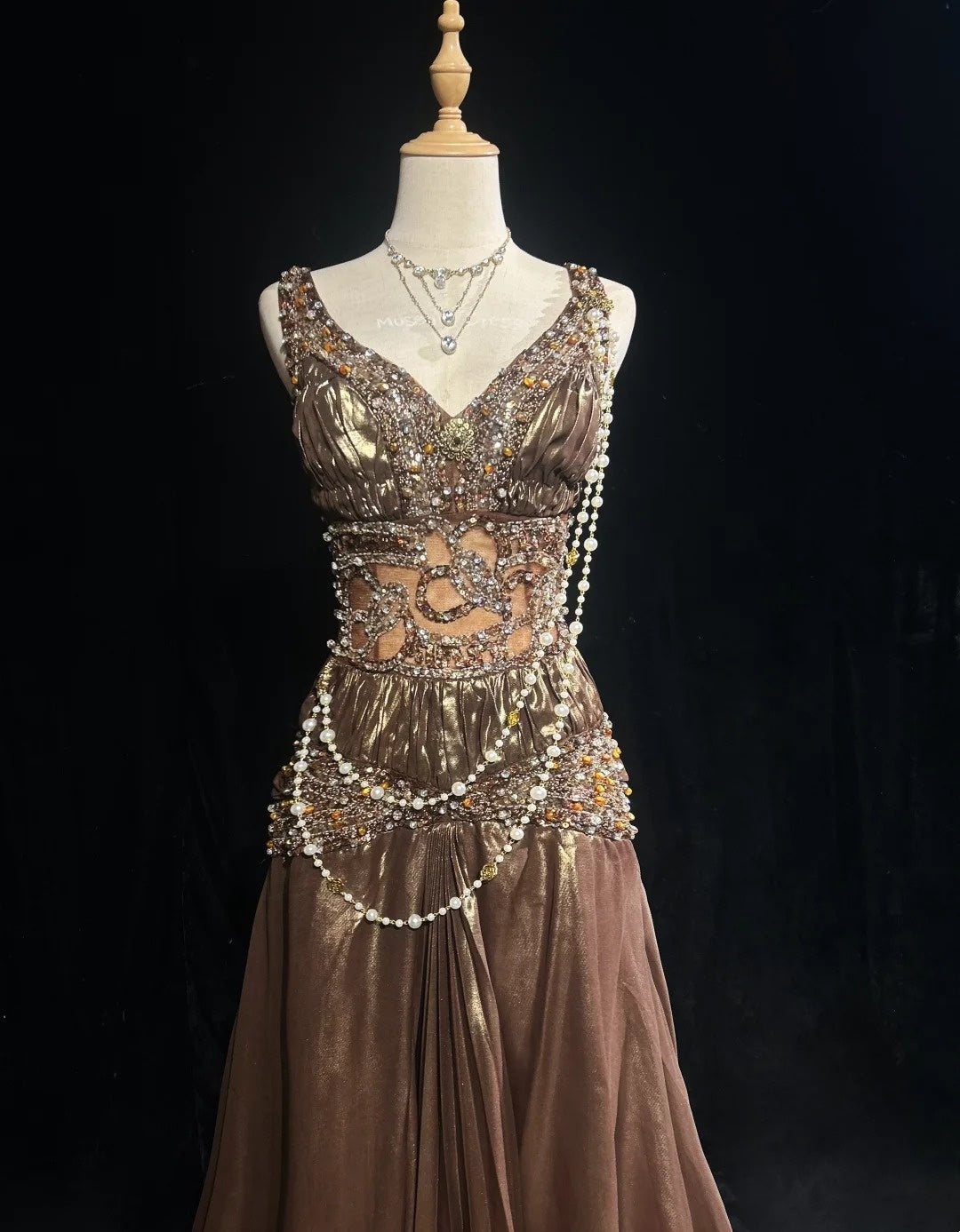 Robes Esthétiques de Bal Vintage Sirène Col en V Satin Marron avec Perles Gemme Longue Robe de Soirée Formelle N3021