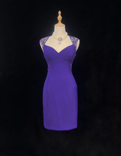 Jolies robes de bal courtes en satin violet avec encolure en cœur, robes de rentrée Hoco N2596