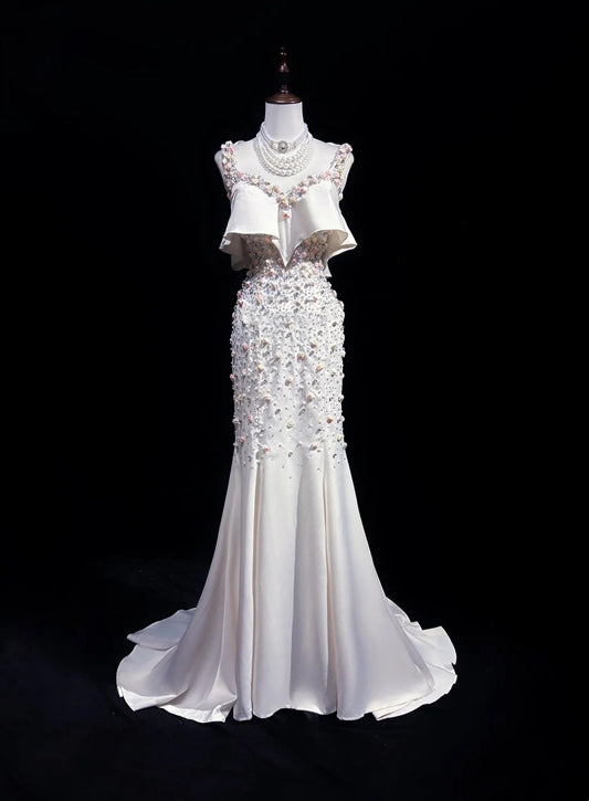 Belles Robes de Bal Sirène Bustier Cœur en Mousseline Blanche avec Fleurs Longues Tenues de Soirée N3386