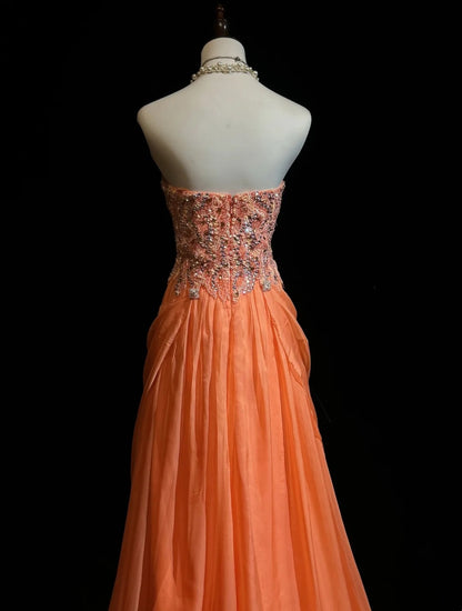 Vintage Prom Dresses A line Sweetheart Orange Ruffled Chiffon 1990s Formal Evening Gown N2666