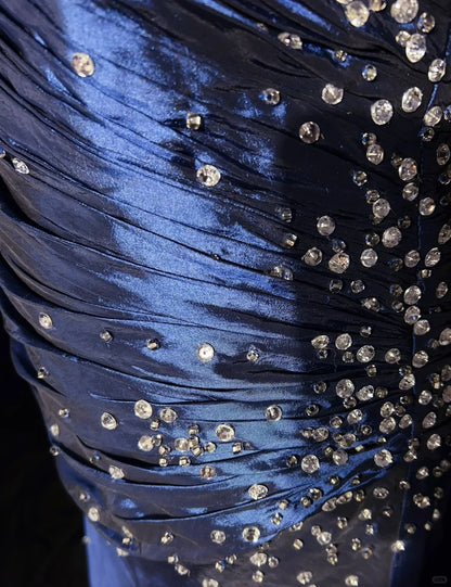 Robes de bal vintage des années 90 sirène bustier bleu marine satin longues avec perles tenues de soirée N3135