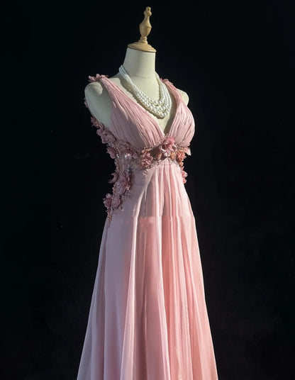 Vintage Abschlussballkleider A-Linie V-Ausschnitt Rosa Chiffon 70er Jahre mit 3D Blumen Perlenbesatz Langes Abendkleid N2528